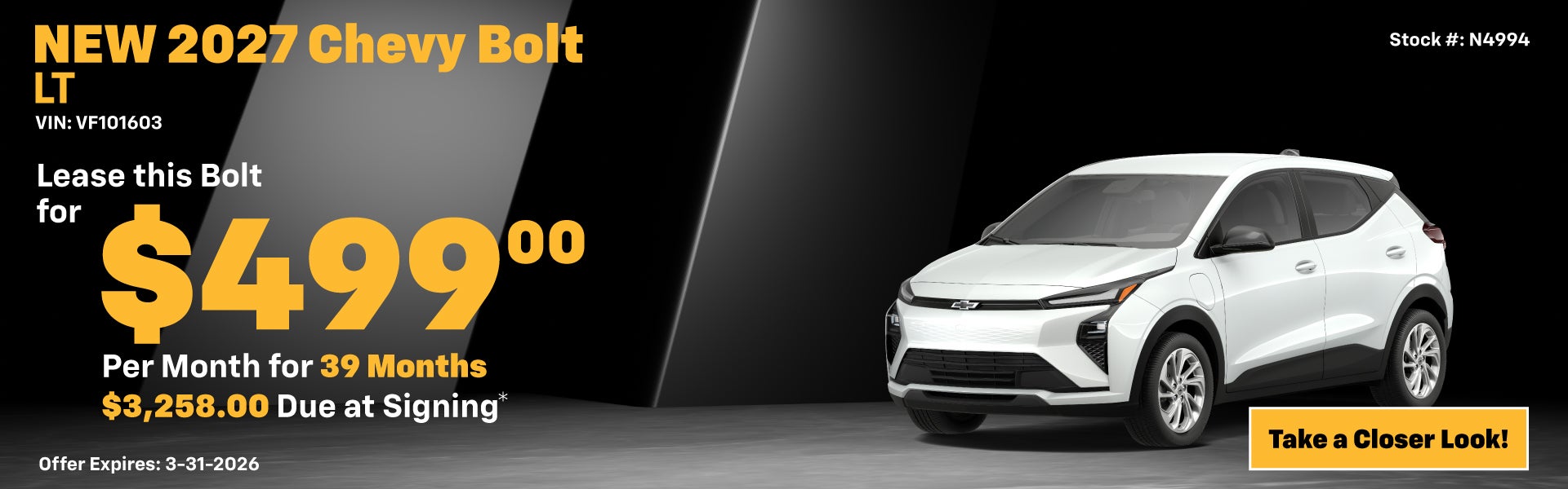 2027 Chevy Bolt LT Lease Special: $499 per month